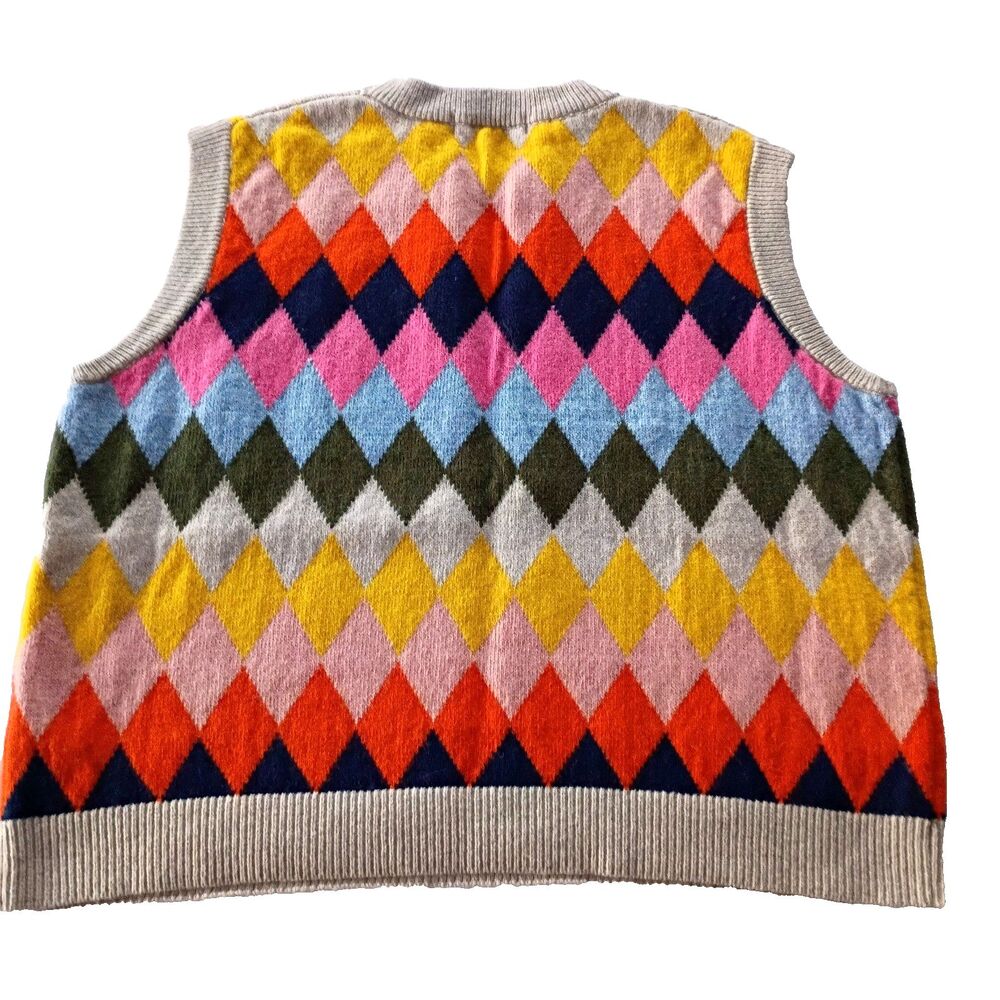 Boden Multicolor Diamond Print Sweater Vest Women's L Preppy Argyle Maximalist - Picture 2 of 10